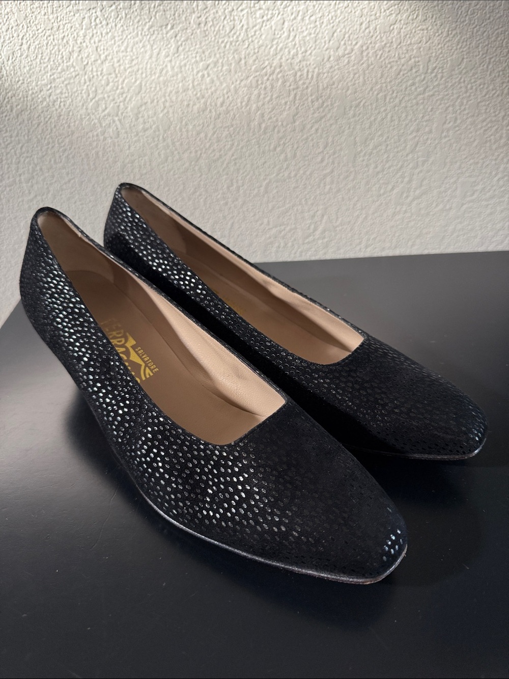 Salvatore Ferragamo Black Suede Pumps with Silver Dot Accents